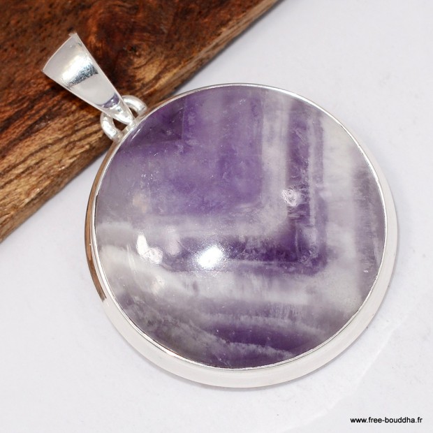 Améthyste à bandes certifiée – Pendentif rond en argent 925
