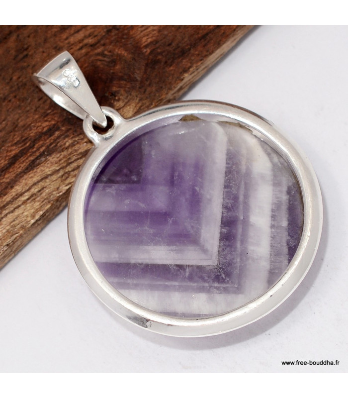 Améthyste à bandes certifiée – Pendentif rond en argent 925