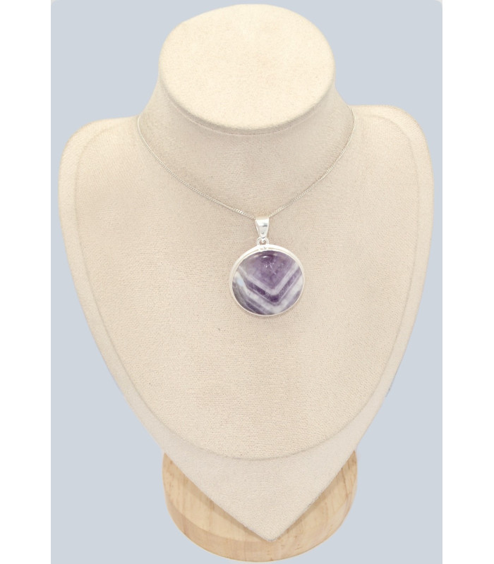 Améthyste à bandes certifiée – Pendentif rond en argent 925