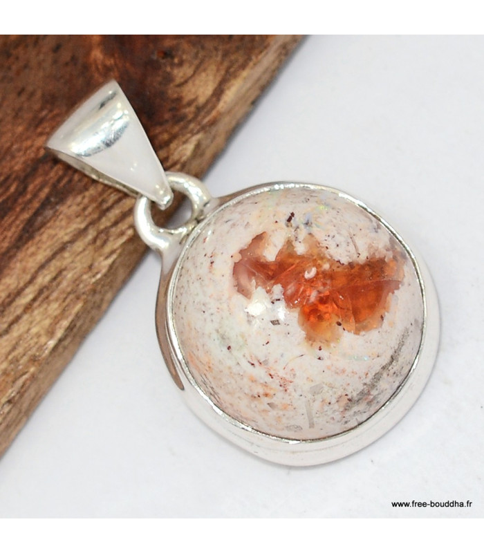 Pendentif Opale de feu ronde pierre naturelle véritable