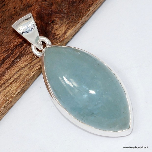 Pendentif Aigue-marine cabochon marquise véritable certifiée argent 925