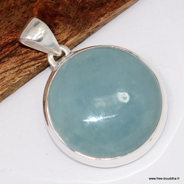 Pendentif aigue‑marine véritable cabochon argent 925