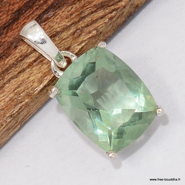 Pendentif Fluorite verte facettée authentique certifiée argent 925