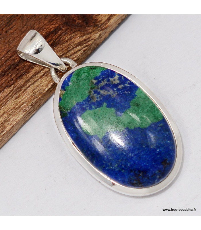 Pendentif argent Azurite sur malachite oval