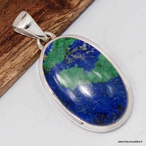 Pendentif Azurite sur Malachite ovale, argent 925 authentique