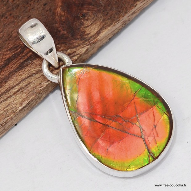 Pendentif Ammolite authentique verte-orange du Canada AAA et Argent 925