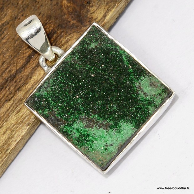 Pendentif Grenat Uvarovite carré, argent 925 authentique