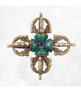 Double Dorjé tibétain en laiton et turquoise