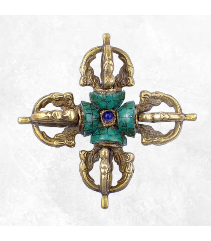 Dorjé tibétain en laiton et turquoise, 11 cm.