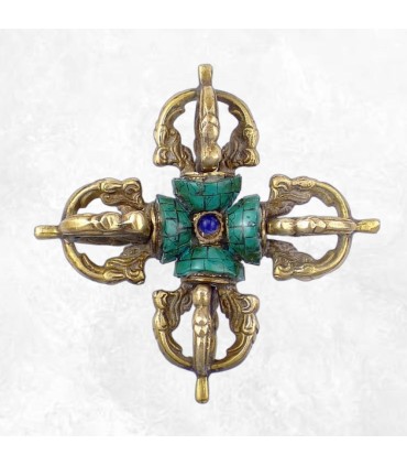 Dorjé tibétain en laiton et turquoise, 11 cm.