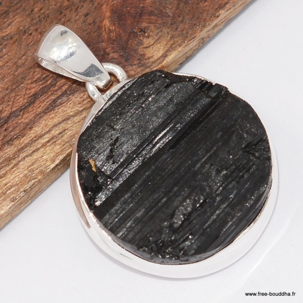 Pendentif Tourmaline noire brute authentique en argent 925