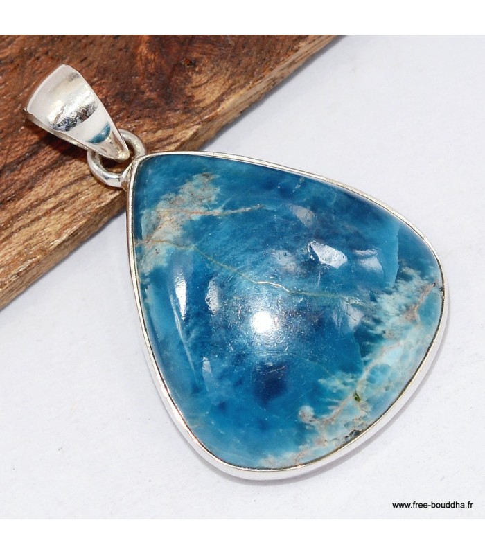 Apatite bleue naturelle – Pendentif goutte 4 cm en argent 925 certifié