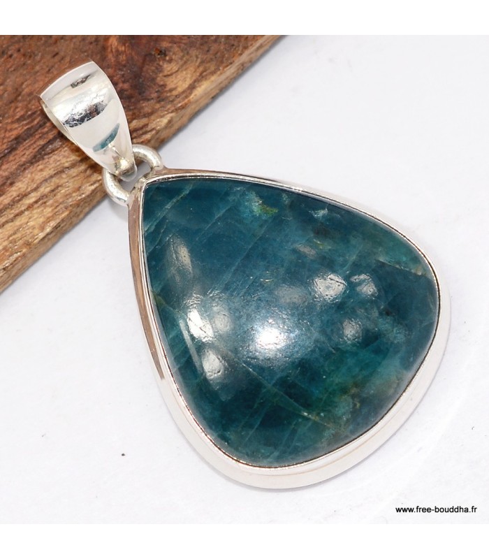 Pendentif apatite bleue certifié en argent 925 forme goutte naturelle