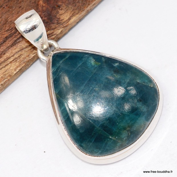 Pendentif apatite bleue certifié en argent 925 forme goutte naturelle