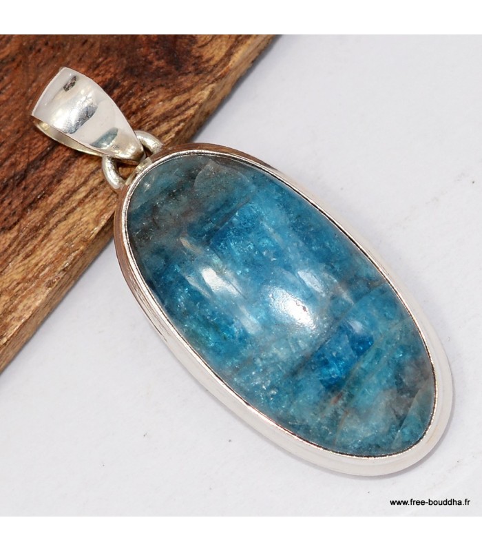 Pendentif apatite bleue certifié en argent 925 ovale naturel