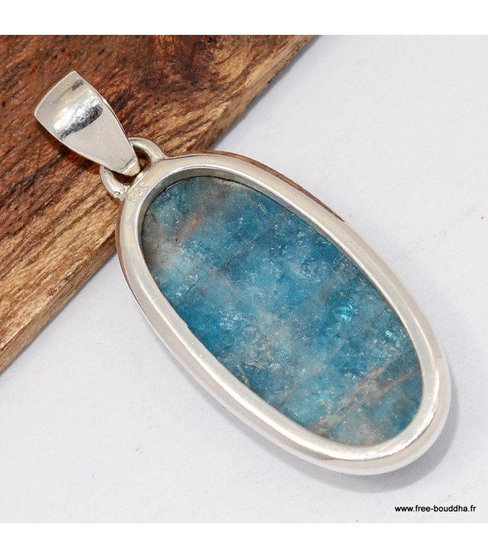 Pendentif apatite bleue certifié en argent 925 ovale naturel