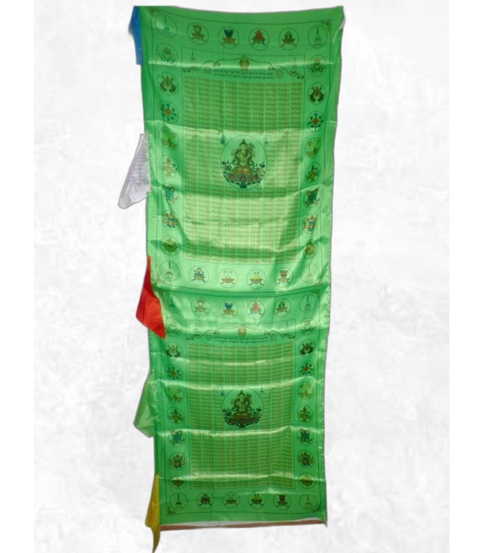 Drapeau bouddhiste Tara Verte en soie, artisanal du Népal.