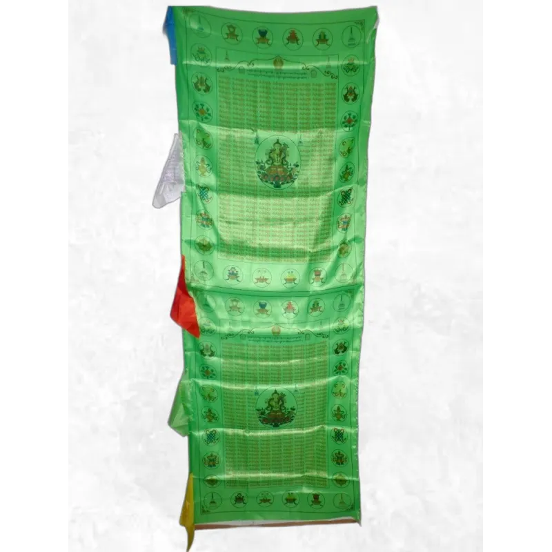 Grand drapeau bouddhiste Tara Verte en soie 1,9 m - Drapeaux tibétains