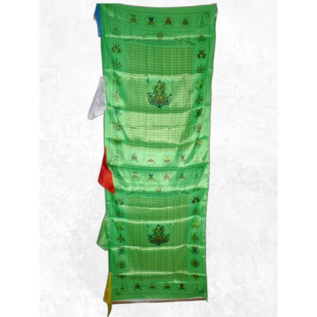 Drapeau bouddhiste Tara Verte en soie, artisanal du Népal.