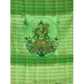 Drapeau bouddhiste Tara Verte en soie, artisanal du Népal.