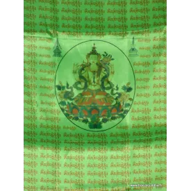 Grand drapeau bouddhiste Tara Verte en soie 1,9 m - Drapeaux tibétains