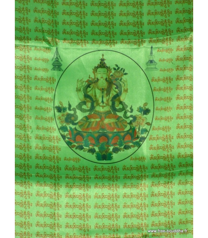 Drapeau bouddhiste Tara Verte en soie, artisanal du Népal.