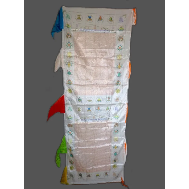 Grand drapeau bouddhiste Tara Blanche en soie 1,9 m - Drapeaux tibétains