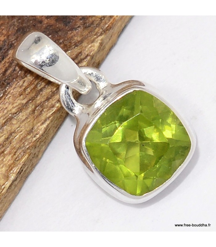 Pendentif Péridot facetté carré authentique certifié argent 925