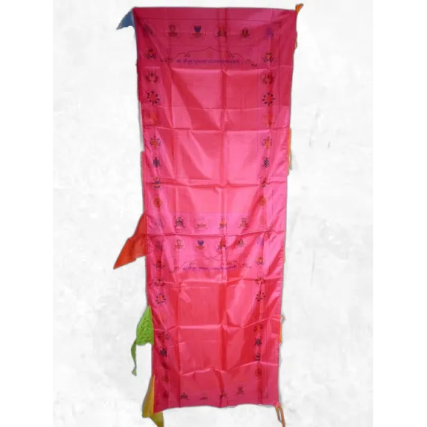 Grand drapeau bouddhiste Chenrezi en soie 1,9 m - Drapeaux tibétains