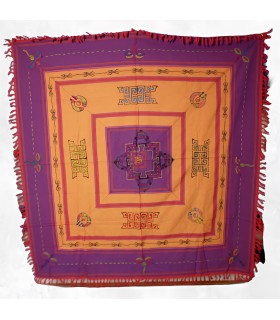 Nappe tibétaine coton épais brodée symboles bouddhistes 150 x 150cm