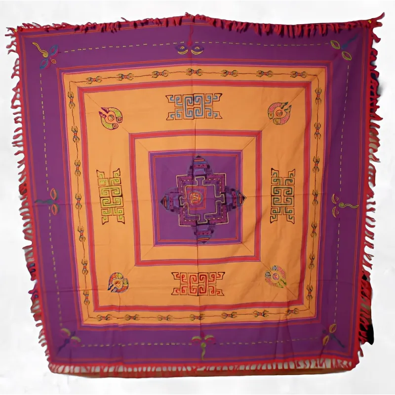 Nappe tibétaine coton épais brodée symboles bouddhistes 150 x 150cm - Tenture murale bouddhiste, nappe