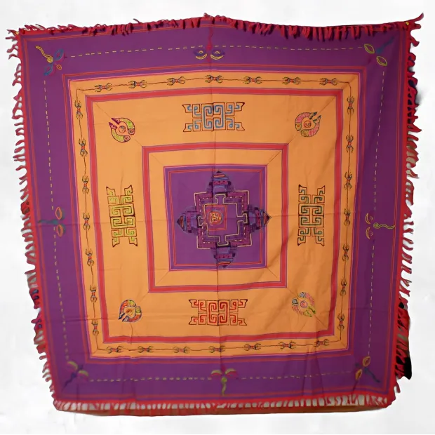 Nappe tibétaine coton épais brodée symboles bouddhistes 150 x 150cm - Tenture murale bouddhiste, nappe