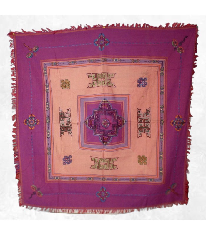 Nappe tibétaine Kalachakra coton brodé corail violet artisanale Népal
