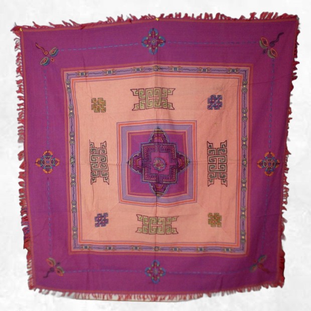 Nappe tibétaine Kalachakra coton brodé corail violet artisanale Népal