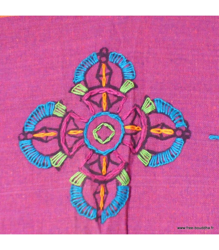 Nappe tibétaine Kalachakra coton brodé corail violet artisanale Népal