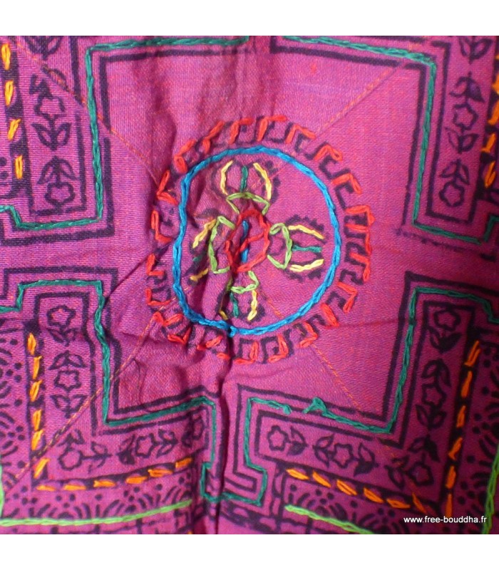 Nappe tibétaine Kalachakra coton brodé corail violet artisanale Népal
