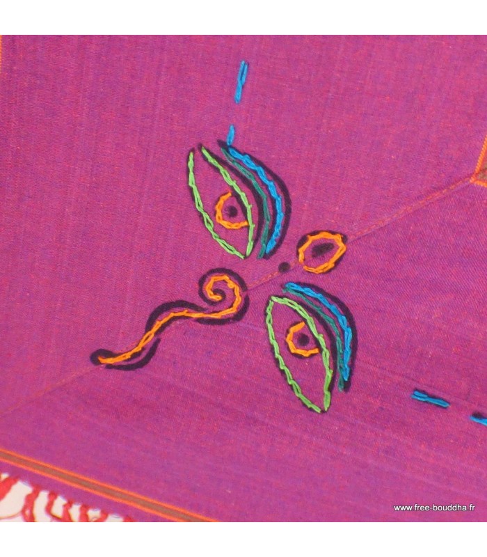 Nappe tibétaine Kalachakra coton brodé corail violet artisanale Népal