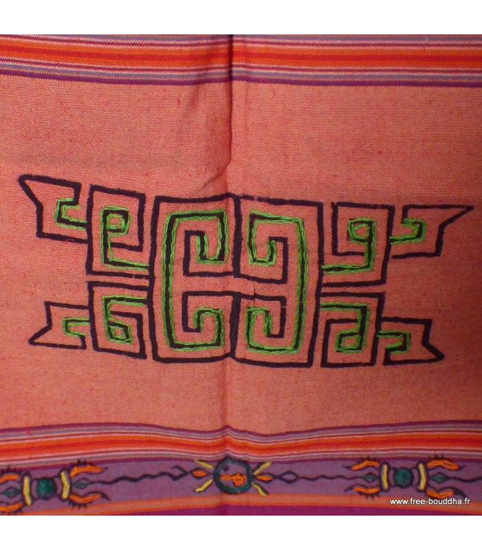 Nappe tibétaine Kalachakra coton brodé corail violet artisanale Népal