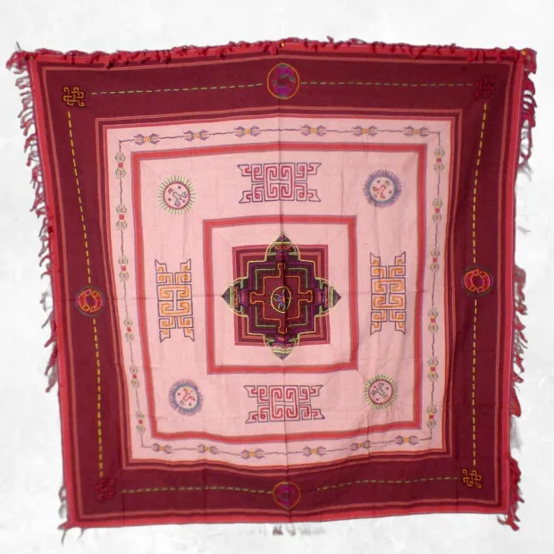 Nappe tibétaine coton épais symboles bouddhistes 150 x 150cm - Tenture murale bouddhiste, nappe