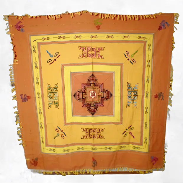 Nappe tibétaine coton épais safran jaune d'or 150 x 150cm - Tenture murale bouddhiste, nappe