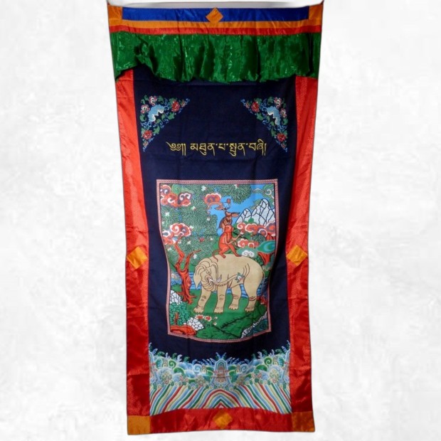 Tenture bhoutanaise en soie sauvage, motif harmonieux.