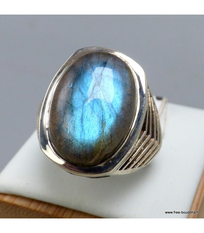 Bague Labradorite homme argent 925, chevalière naturelle certifiée