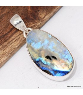 Pendentif Pierre de Lune bleue et Tourmaline en argent 925.