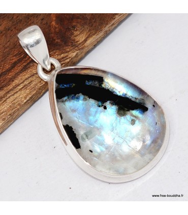 Pendentif goutte pierre de lune bleue et tourmaline en argent 925