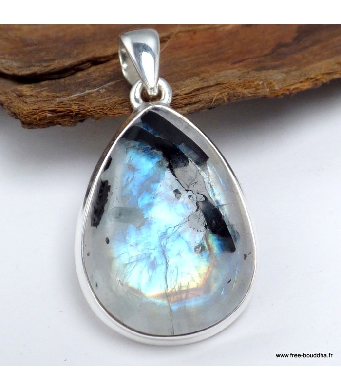 Pendentif goutte Pierre de Lune bleue et Tourmaline