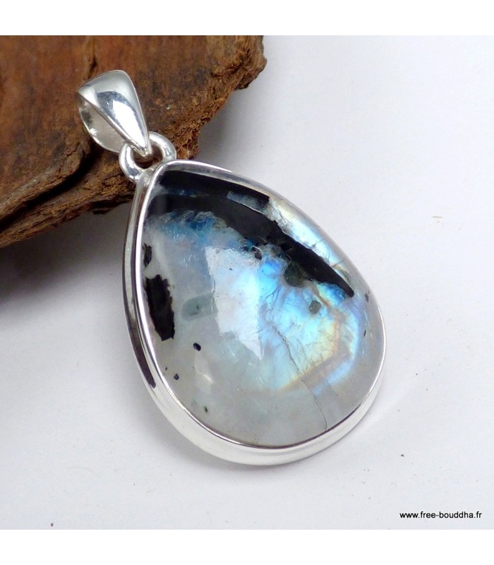 Pendentif goutte Pierre de Lune bleue et Tourmaline