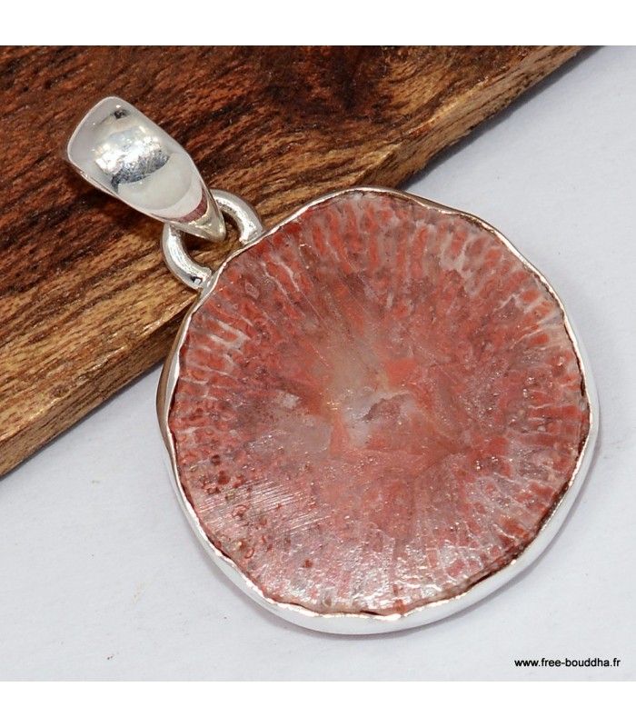 Pendentif tranche de corail rouge corné - Argent 925