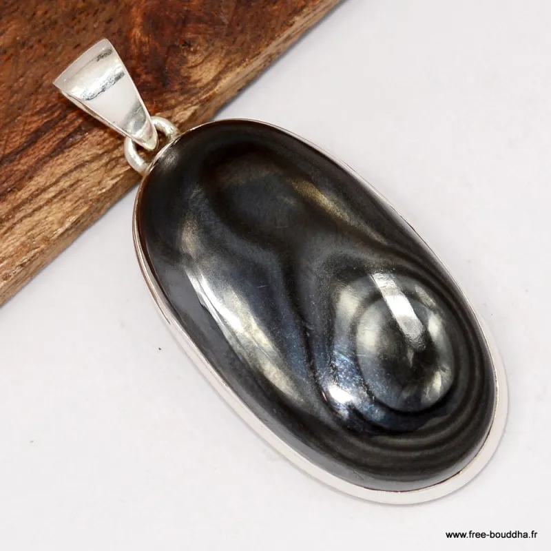 Gros Pendentif Malachite noire ovale - Argent 925 - Pendentifs pierres naturelles