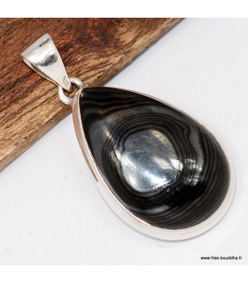 Pendentif goutte en malachite noire, argent 925, certifié.