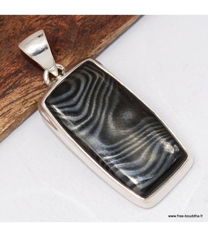 Pendentif malachite noire ou psilomelane rectangulaire, argent 925